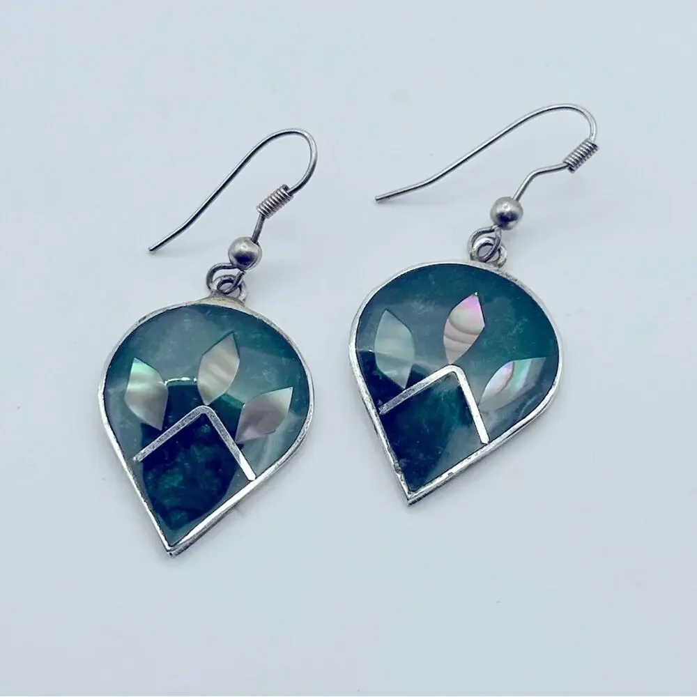 Mexico Alpaca Silver Dangle Earrings Floral Abalone Shell Inlay Casual Jewelry